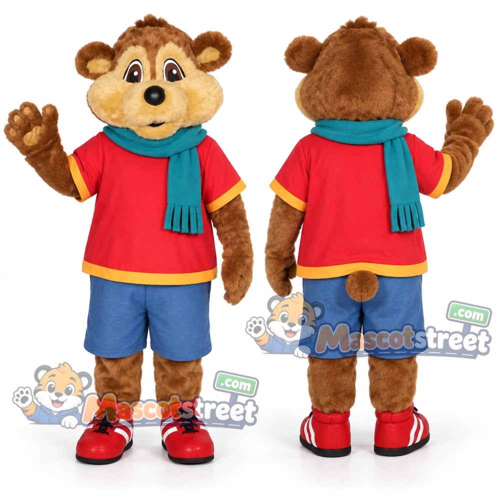 Brown Bear Mascot Costume with Red Shirt, Blue Shorts and Teal Scarf