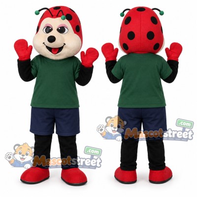 Red Ladybug Mascot Costume with Green Shirt and Navy Shorts