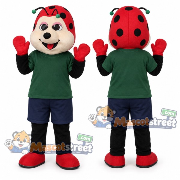 Red Ladybug Mascot Costume with Green Shirt and Navy Shorts