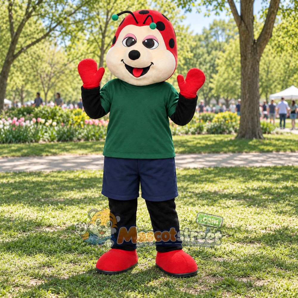 Red Ladybug Mascot Costume with Green Shirt and Navy Shorts Red Ladybug Mascot Costume with Green Shirt and Navy Shorts