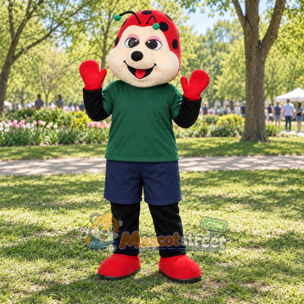Red Ladybug Mascot Costume with Green Shirt and Navy Shorts