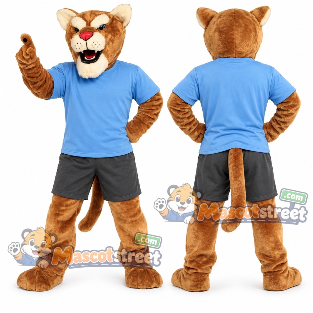 Tan Cougar Mascot Costume with Blue Shirt and Gray Shorts Tan Cougar Mascot Costume with Blue Shirt and Gray Shorts
