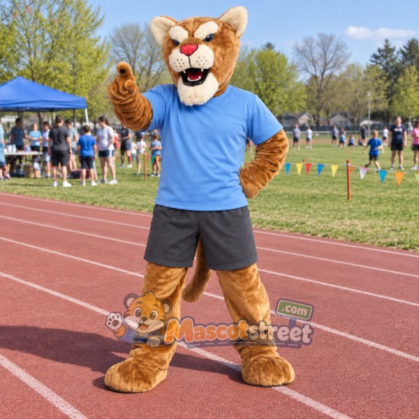 Tan Cougar Mascot Costume with Blue Shirt and Gray Shorts