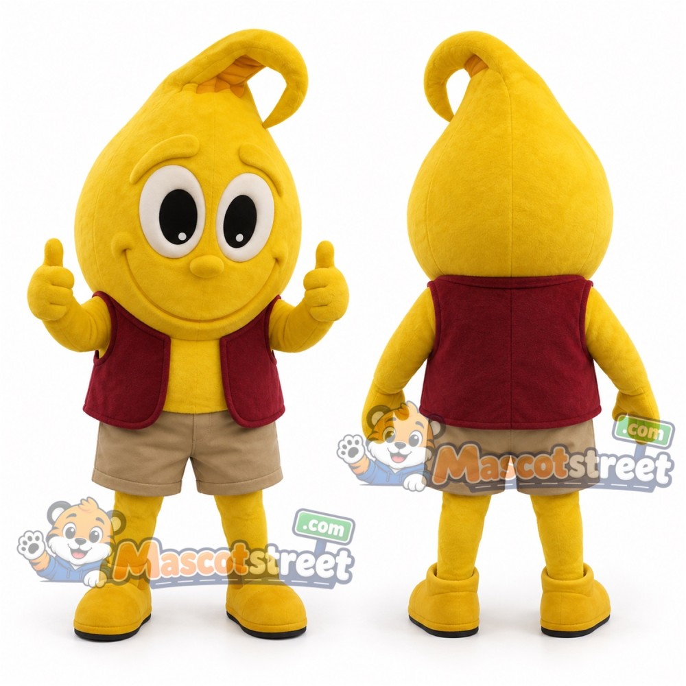 Yellow Lemon Mascot Costume with Burgundy Vest and Beige Shorts Yellow Lemon Mascot Costume with Burgundy Vest and Beige Shorts