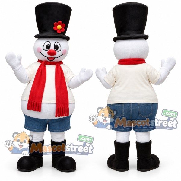 Snowman Mascot Costume with White Sweater, Blue Shorts, Red Scarf and Black Top Hat