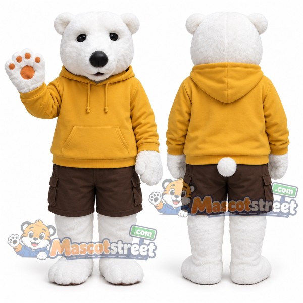 White Polar Bear Mascot Costume with Yellow Hoodie and Brown Shorts
