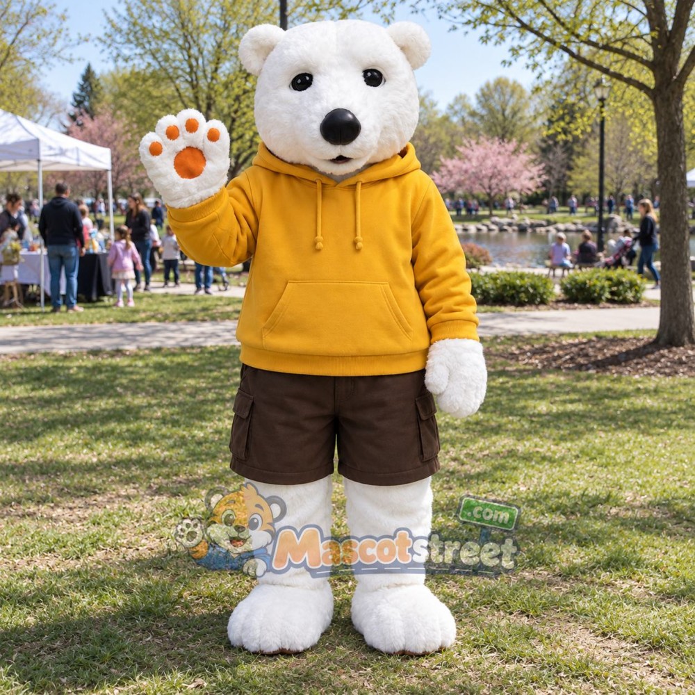 White Polar Bear Mascot Costume with Yellow Hoodie and Brown Shorts White Polar Bear Mascot Costume with Yellow Hoodie and Brown Shorts