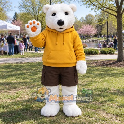 White Polar Bear Mascot Costume with Yellow Hoodie and Brown Shorts White Polar Bear Mascot Costume with Yellow Hoodie and Brown Shorts