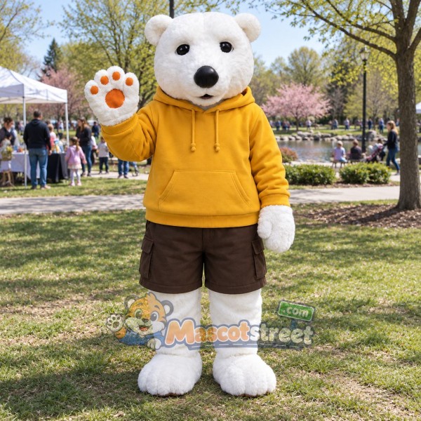White Polar Bear Mascot Costume with Yellow Hoodie and Brown Shorts