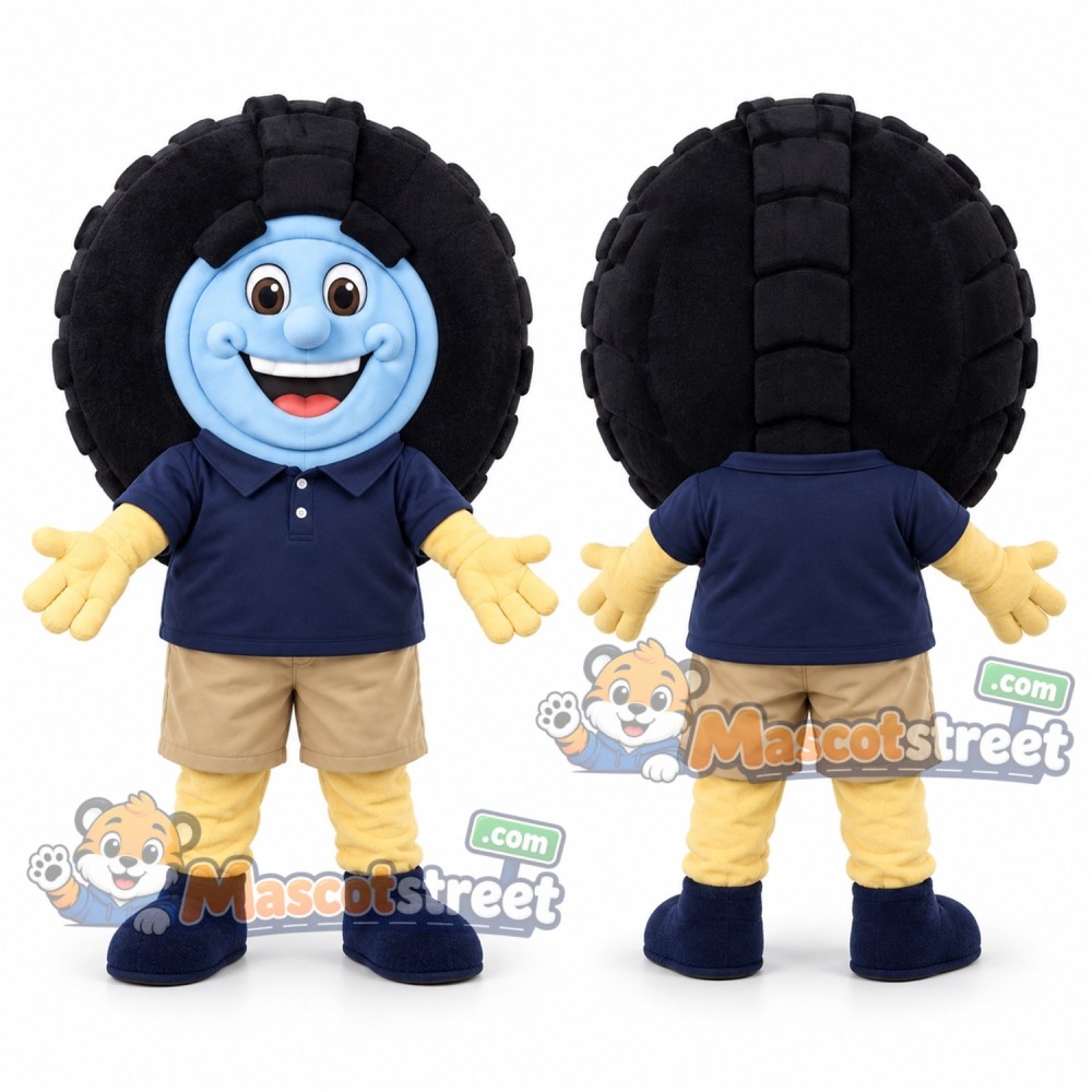 Tire Character Mascot Costume with Navy Polo Shirt and Beige Shorts Tire Character Mascot Costume with Navy Polo Shirt and Beige Shorts