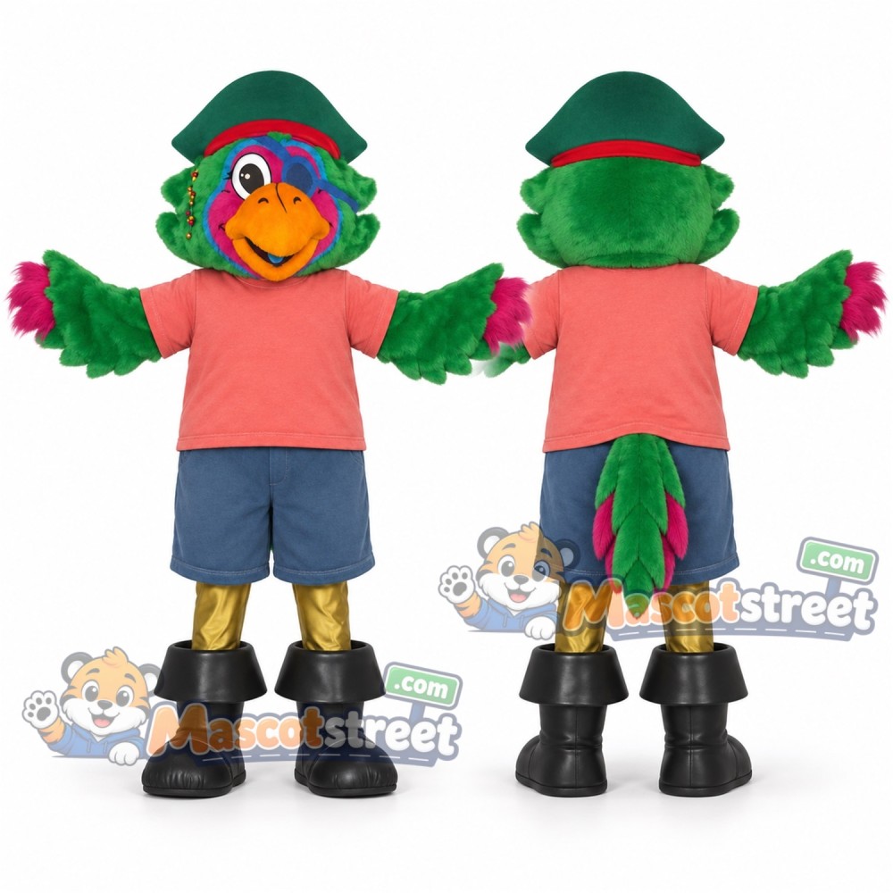 Green Parrot Mascot Costume with Coral Shirt and Blue Shorts