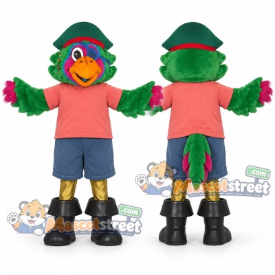 Green Parrot Mascot Costume with Coral Shirt and Blue Shorts