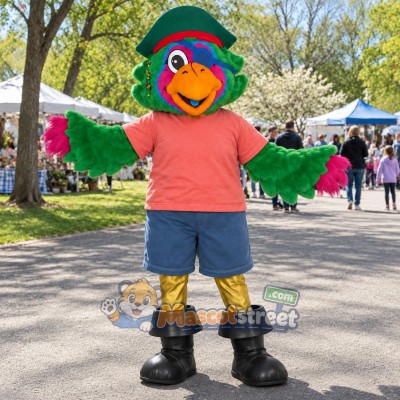 Green Parrot Mascot Costume with Coral Shirt and Blue Shorts Green Parrot Mascot Costume with Coral Shirt and Blue Shorts