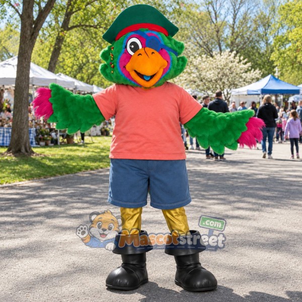Green Parrot Mascot Costume with Coral Shirt and Blue Shorts Green Parrot Mascot Costume with Coral Shirt and Blue Shorts