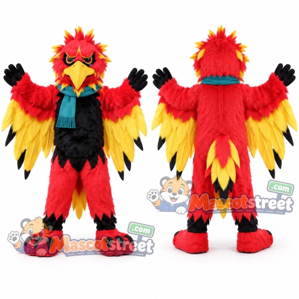 Red and Yellow Phoenix Mascot Costume with Teal Scarf