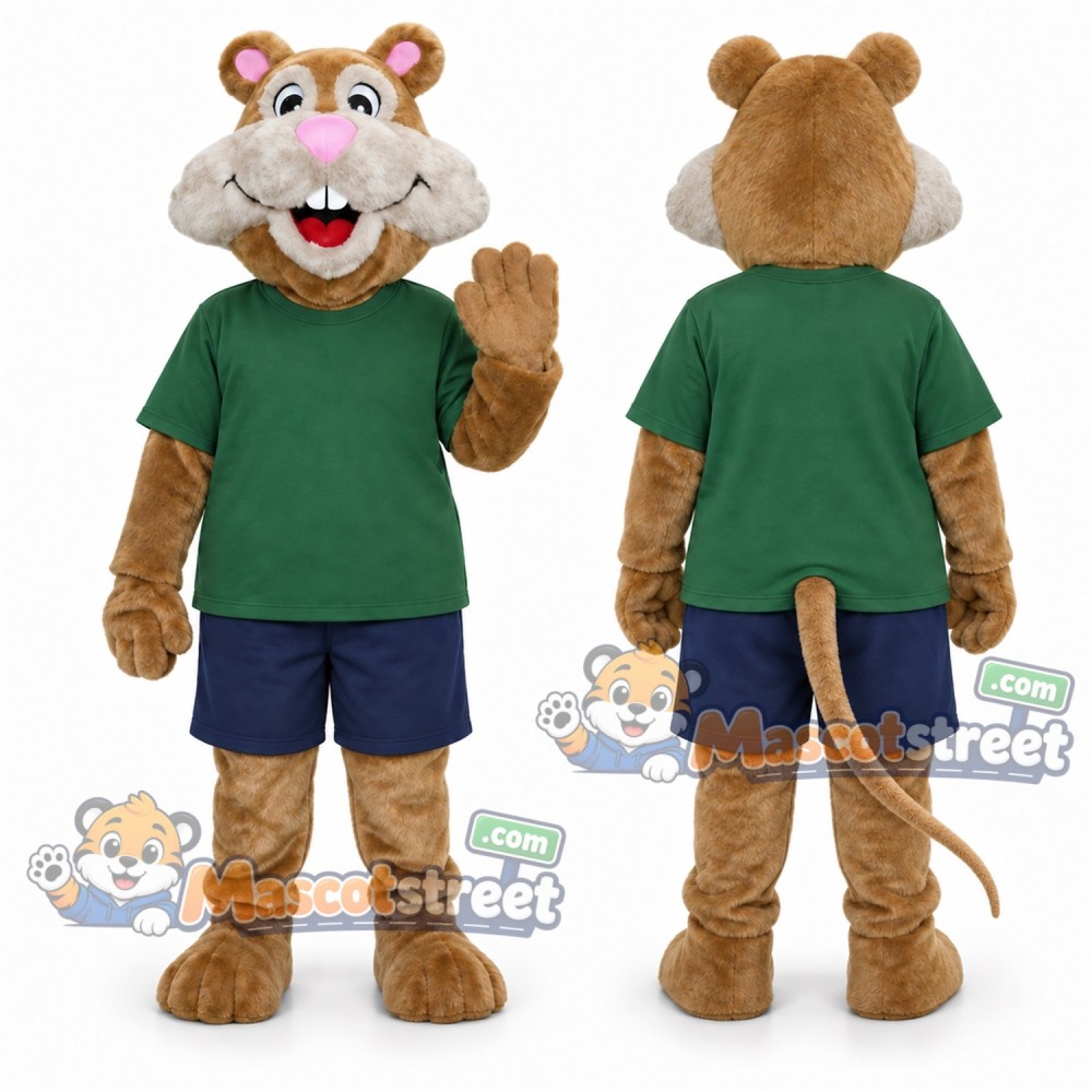 Brown Mouse Mascot Costume with Green Shirt and Navy Shorts