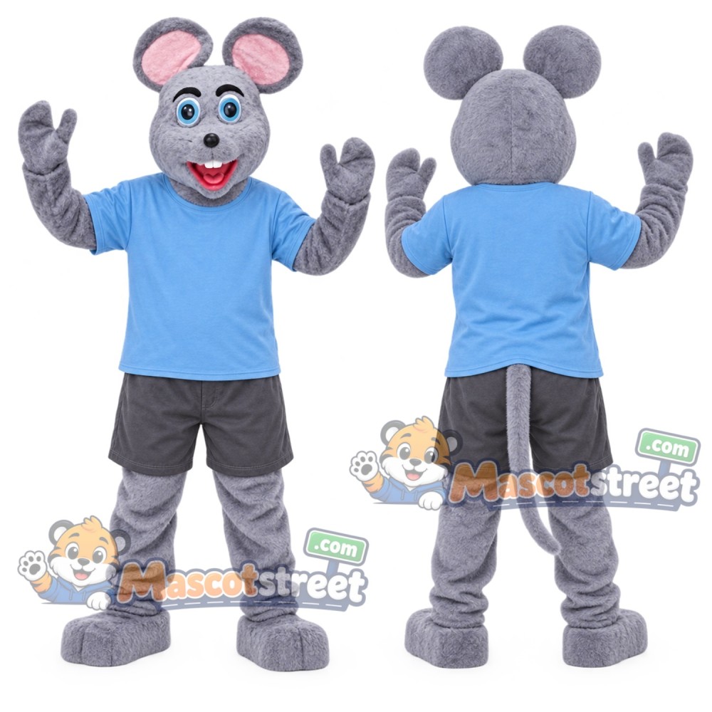 Gray Mouse Mascot Costume with Blue Shirt and Gray Shorts