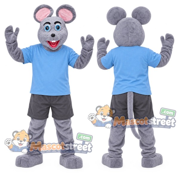 Gray Mouse Mascot Costume with Blue Shirt and Gray Shorts