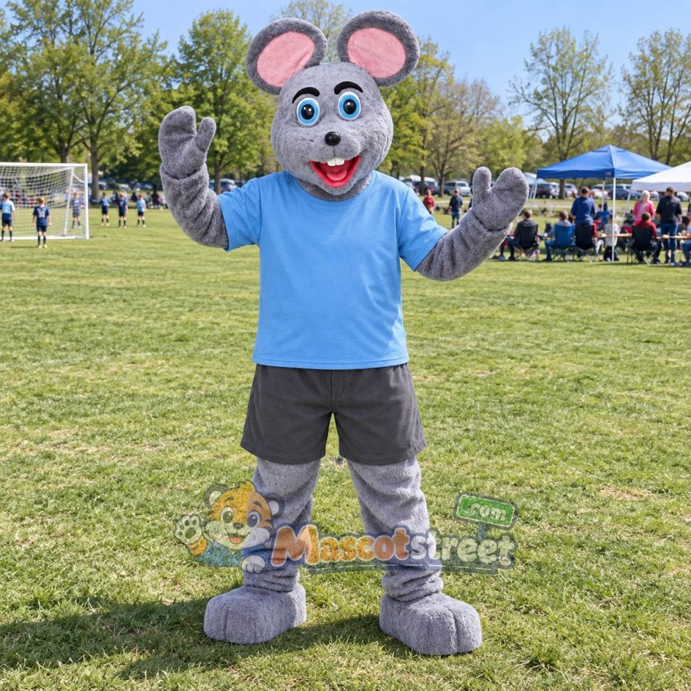 Gray Mouse Mascot Costume with Blue Shirt and Gray Shorts
