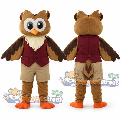 Brown Owl Mascot Costume with Burgundy Vest and Beige Shorts