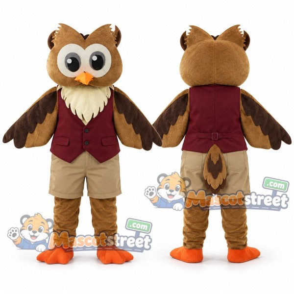 Brown Owl Mascot Costume with Burgundy Vest and Beige Shorts
