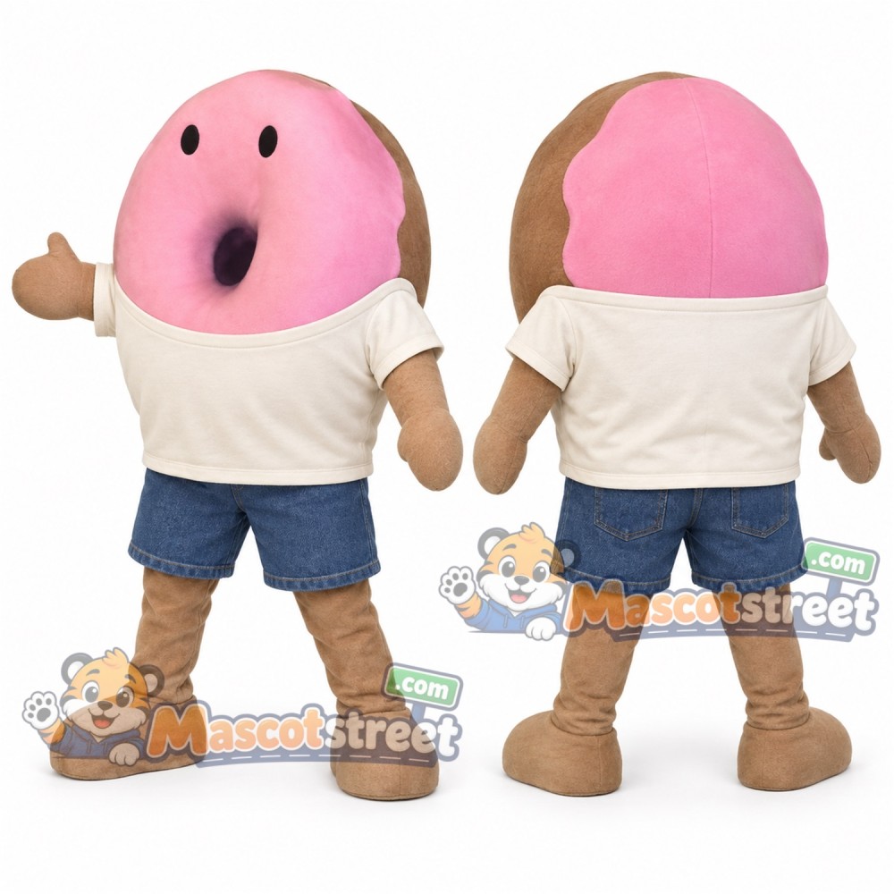Pink Doughnut Mascot Costume with Cream Shirt and Blue Shorts