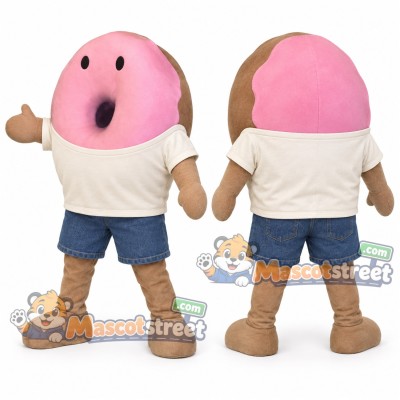 Pink Doughnut Mascot Costume with Cream Shirt and Blue Shorts