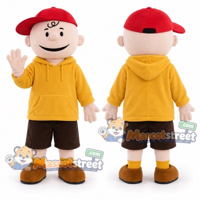 Boy Mascot Costume with Yellow Hoodie, Brown Shorts and Red Cap Boy Mascot Costume with Yellow Hoodie, Brown Shorts and Red Cap