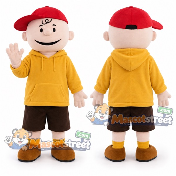 Boy Mascot Costume with Yellow Hoodie, Brown Shorts and Red Cap
