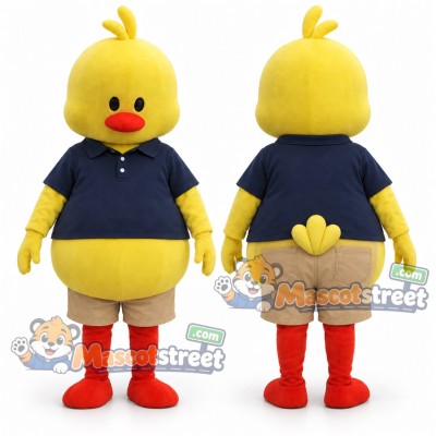 Yellow Duck Mascot Costume with Navy Polo Shirt and Beige Shorts