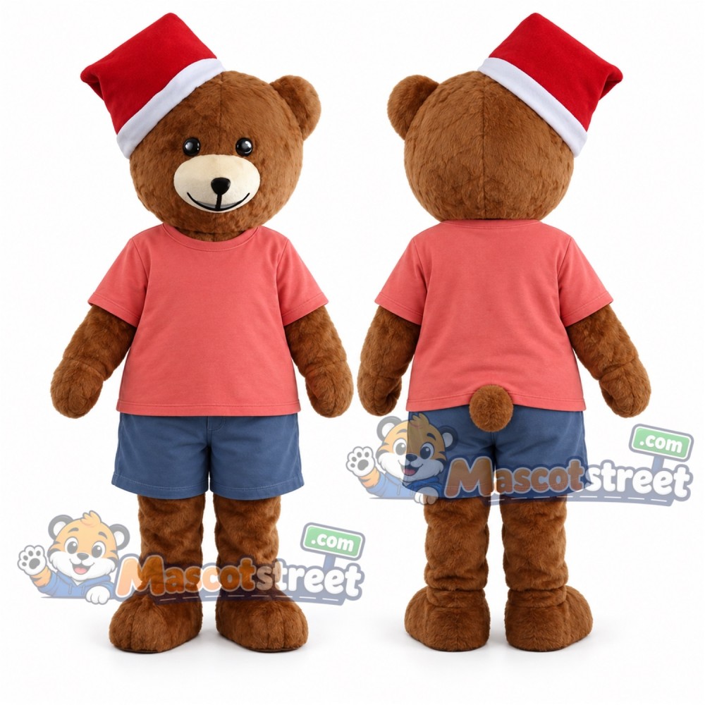 Brown Bear Mascot Costume with Coral Shirt, Blue Shorts and Santa Hat