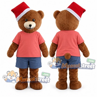 Brown Bear Mascot Costume with Coral Shirt, Blue Shorts and Santa Hat