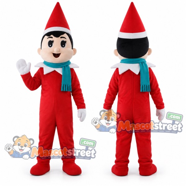 Christmas Elf Mascot Costume with Red Suit and Teal Scarf