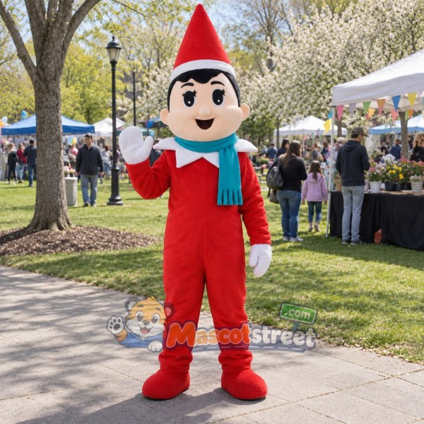 Christmas Elf Mascot Costume with Red Suit and Teal Scarf Christmas Elf Mascot Costume with Red Suit and Teal Scarf