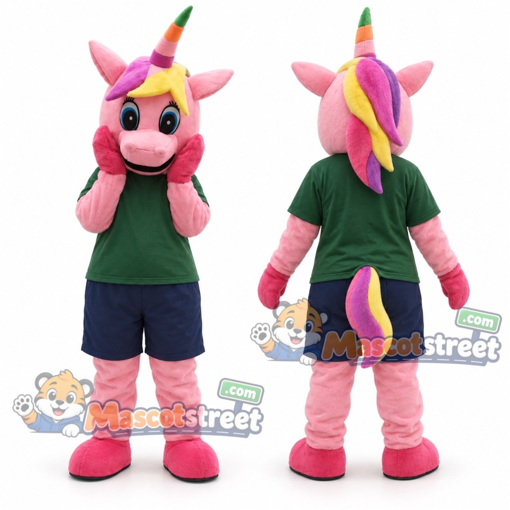 Pink Unicorn Mascot Costume with Green Shirt and Navy Shorts Pink Unicorn Mascot Costume with Green Shirt and Navy Shorts