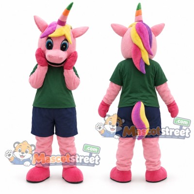 Pink Unicorn Mascot Costume with Green Shirt and Navy Shorts Pink Unicorn Mascot Costume with Green Shirt and Navy Shorts