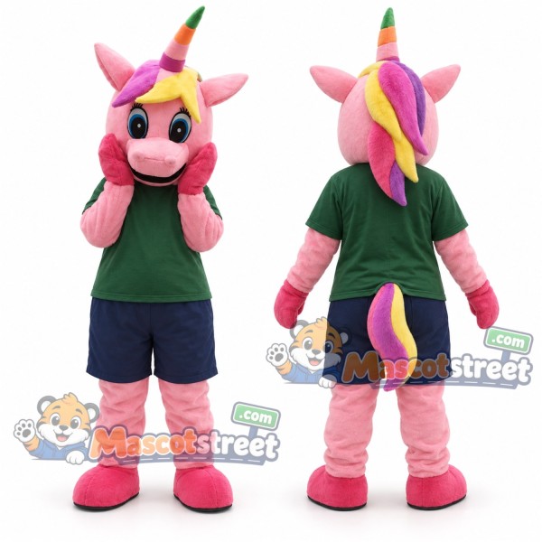 Pink Unicorn Mascot Costume with Green Shirt and Navy Shorts