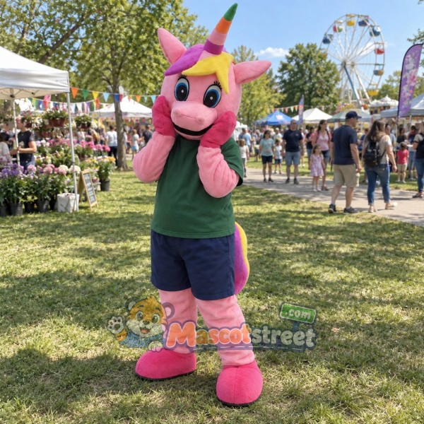 Pink Unicorn Mascot Costume with Green Shirt and Navy Shorts