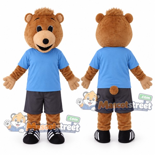 Brown Bear Mascot Costume with Blue Shirt and Gray Shorts