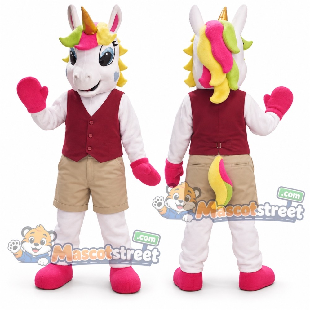 White Unicorn Mascot Costume with Burgundy Vest and Beige Shorts White Unicorn Mascot Costume with Burgundy Vest and Beige Shorts