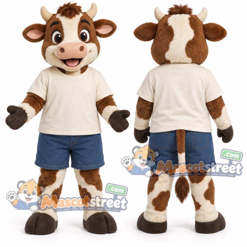 Brown and White Cow Mascot Costume with Cream Shirt and Blue Shorts