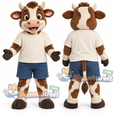 Brown and White Cow Mascot Costume with Cream Shirt and Blue Shorts