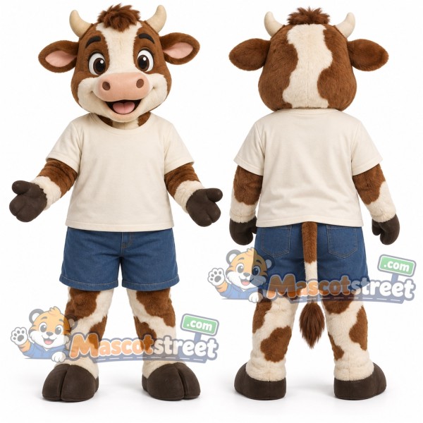 Brown and White Cow Mascot Costume with Cream Shirt and Blue Shorts