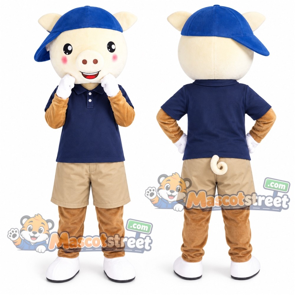 Cream Rabbit Mascot Costume with Navy Polo Shirt, Beige Shorts and Blue Cap Cream Rabbit Mascot Costume with Navy Polo Shirt, Beige Shorts and Blue Cap