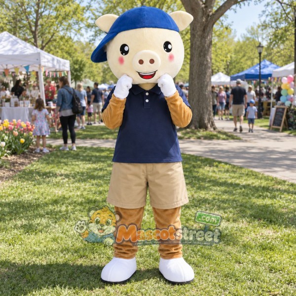 Cream Rabbit Mascot Costume with Navy Polo Shirt, Beige Shorts and Blue Cap
