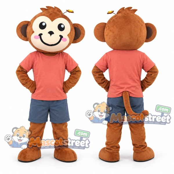 Brown Monkey Mascot Costume with Coral Shirt and Blue Shorts