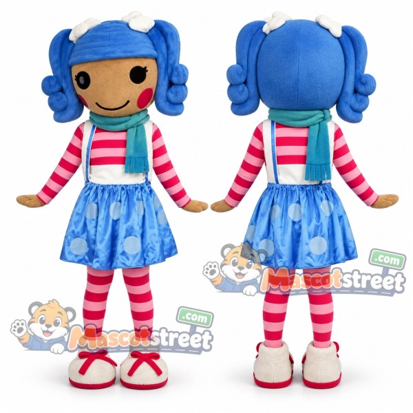 Blue Haired Rag Doll Mascot Costume with Blue Dress