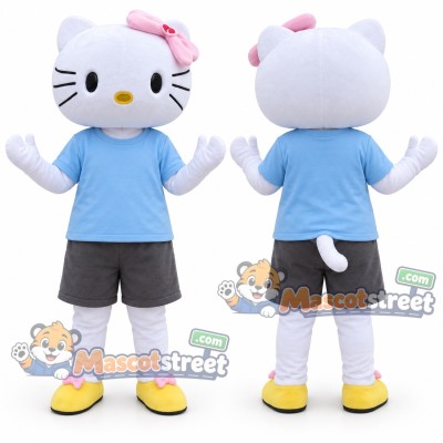 White Cat Mascot Costume with Blue Shirt and Gray Shorts
