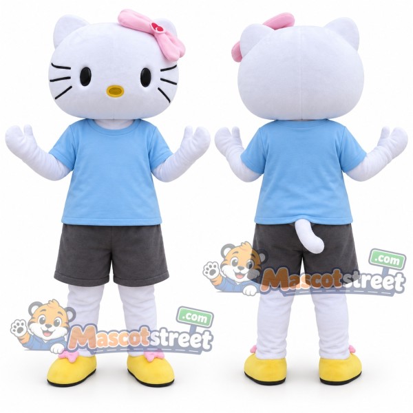 White Cat Mascot Costume with Blue Shirt and Gray Shorts