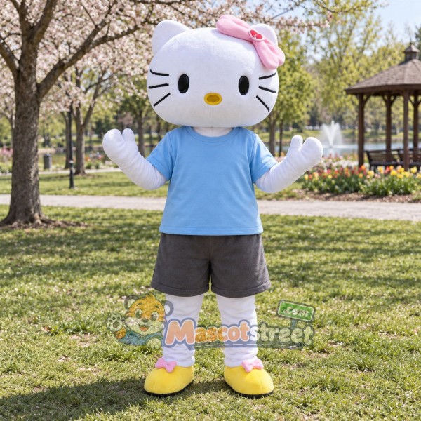 White Cat Mascot Costume with Blue Shirt and Gray Shorts